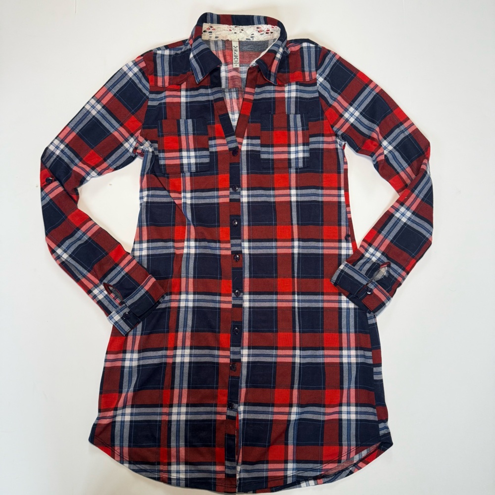 Red and Blue Plaid Button-Up Shirt Dress Tunic Size XS Holiday Cabincore